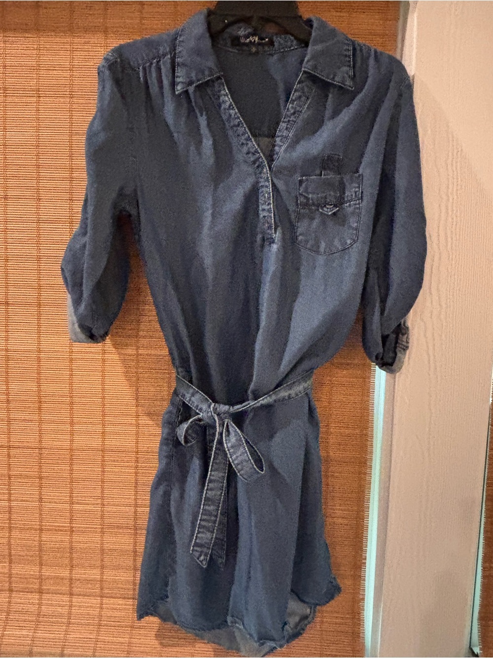 Velvet Heart Chambray Shirt Dress Small Belted Roll Tab Sleeve Blue